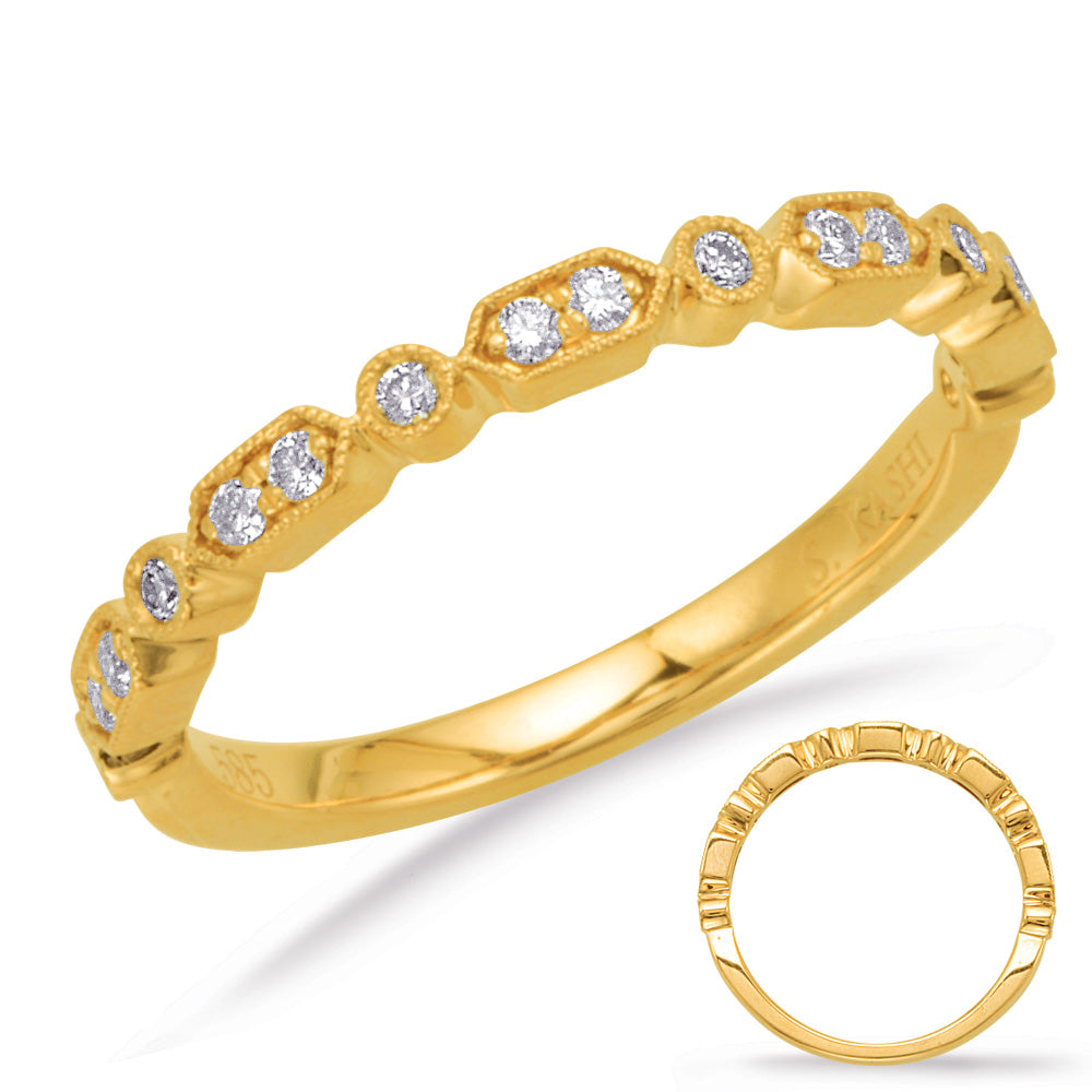 This Band is available in 14K Yellow Gold. There are a total of 16 stones. There are Round with a total carat weight of 0.16 set in a Bezel Set|Micro Prong setting.