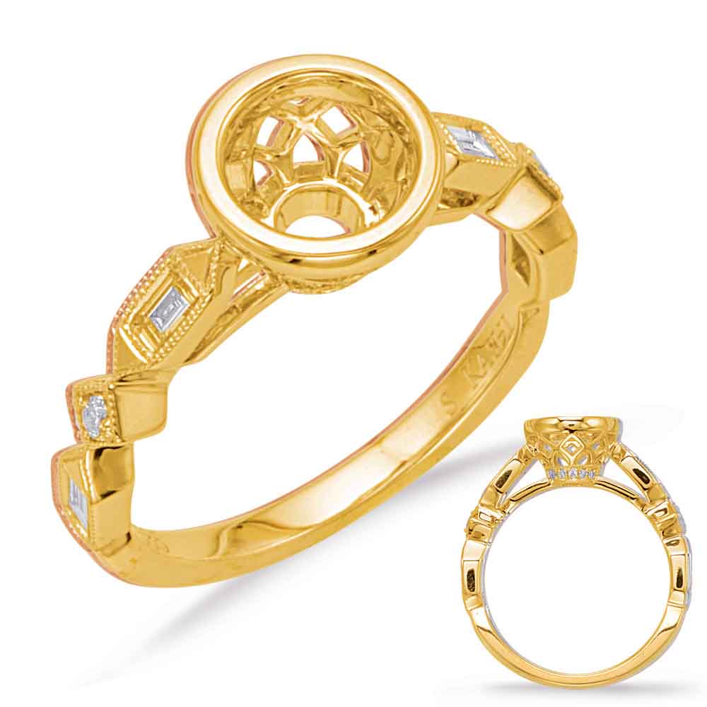 This Engagement Ring  is available in 14K Yellow Gold. There are a total of 16 stones. There are Baguette with a total carat weight of 0.17 set in a Bezel Set|Micro Prong setting.There are Rounds stones with a total carat weight of 0.05 set in a Bezel Set|Micro Prong.