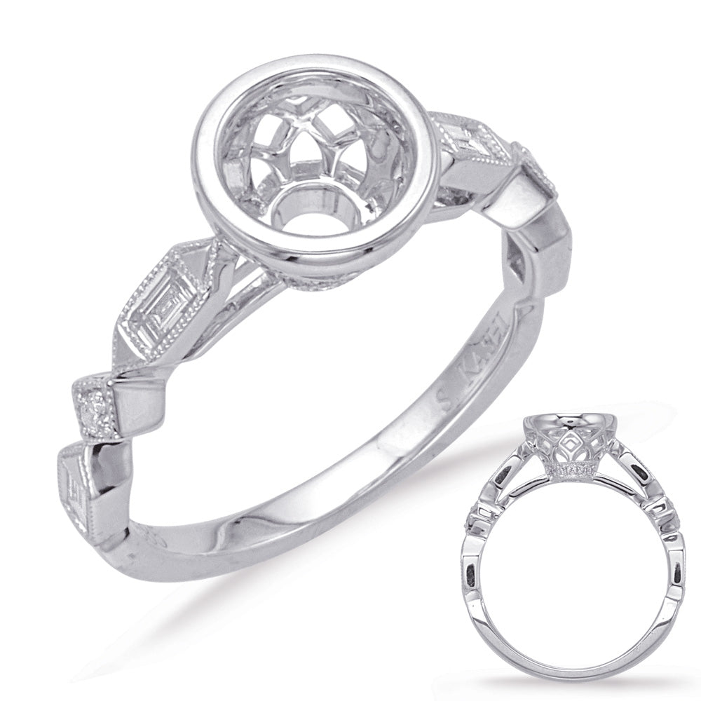 This Engagement Ring  is available in 14K White Gold. There are a total of 12 stones. There are Baguette with a total carat weight of 0.17 set in a Bezel Set|Micro Prong setting.There are Rounds stones with a total carat weight of 0.05 set in a Bezel Set|Micro Prong.