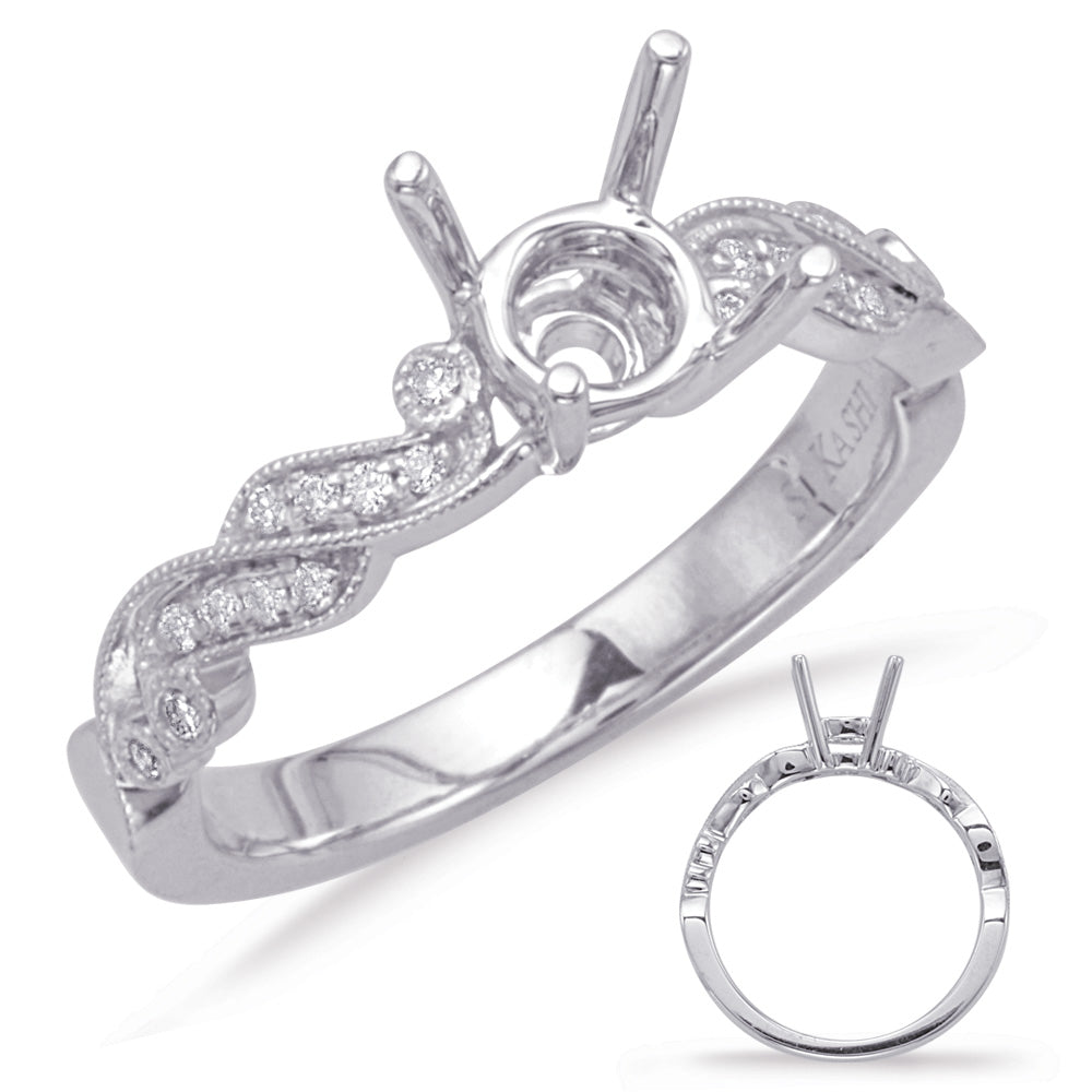 This Engagement Ring  is available in 14K White Gold. There are a total of 22 stones. There are Rounds with a total carat weight of 0.12 set in a Bezel Set|Micro Prong setting.