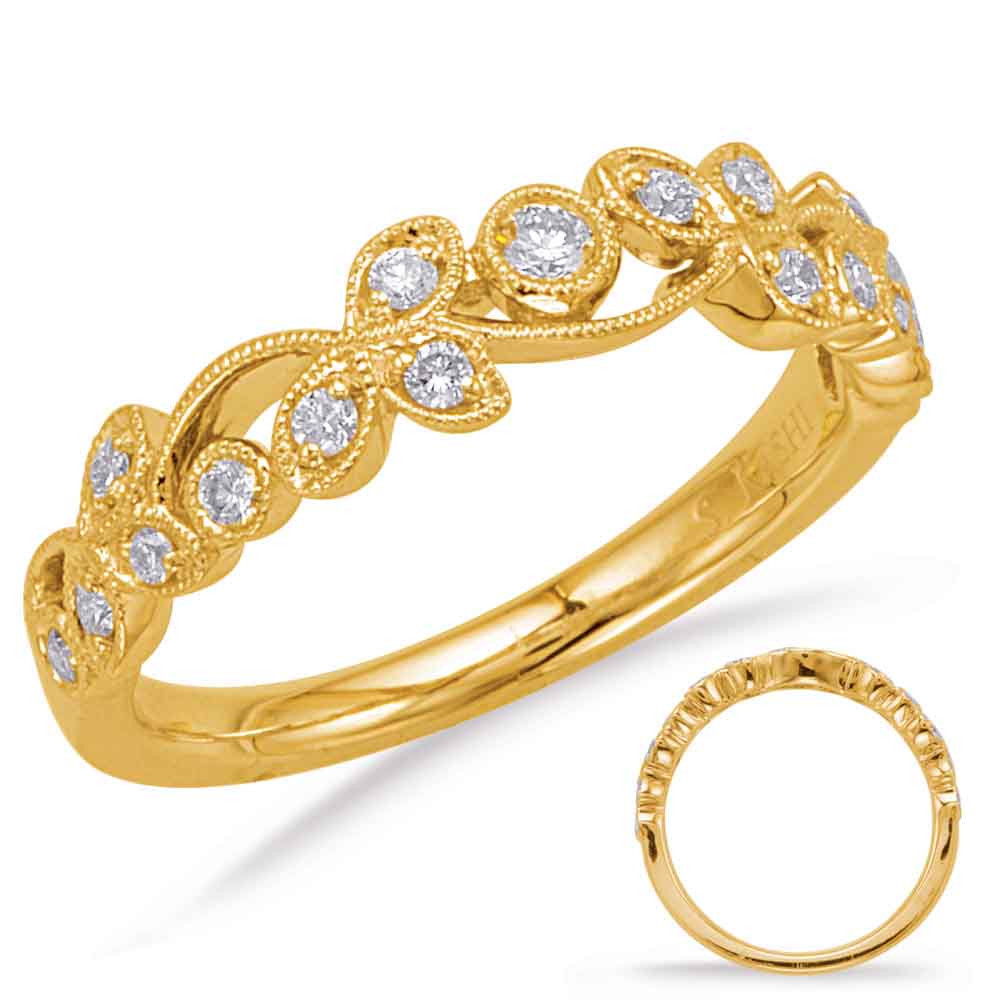 This Band is available in 14K Yellow Gold. There are a total of 17 stones. There are Round with a total carat weight of 0.23 set in a Bezel Set|Micro Prong setting.