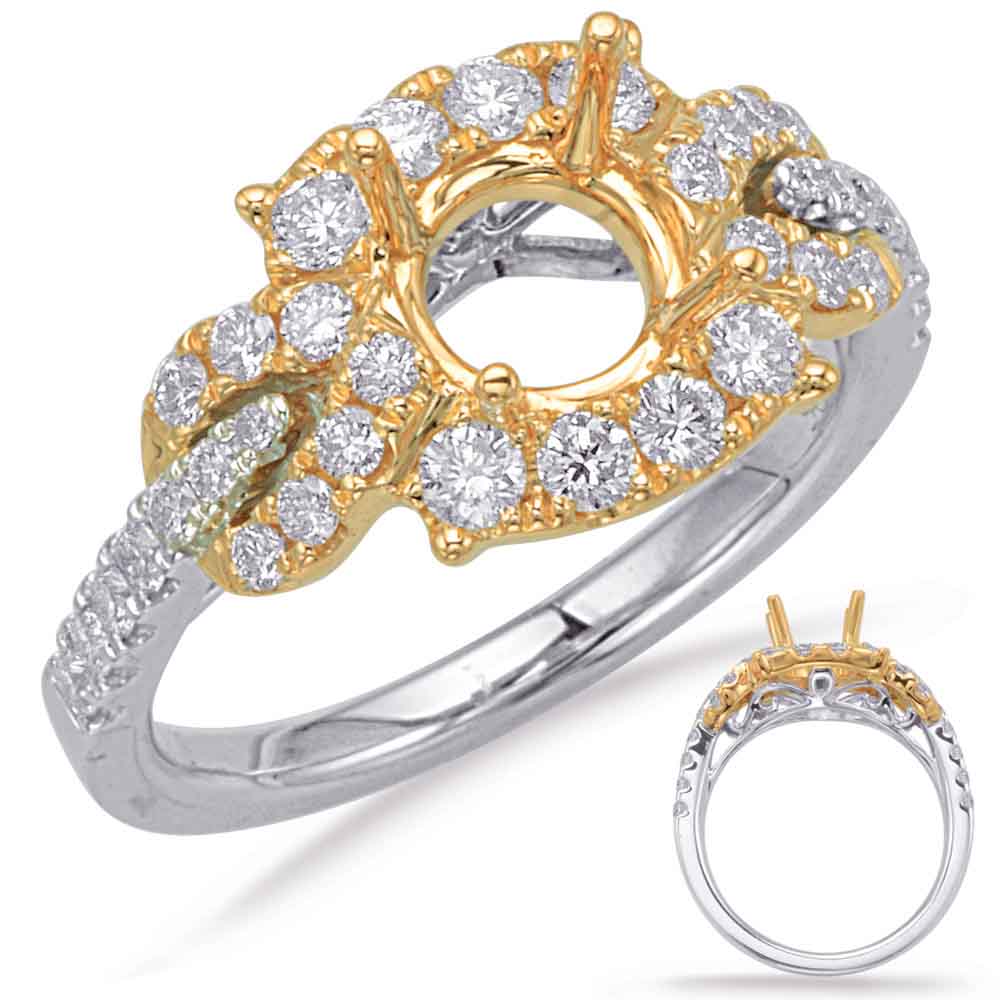 This Engagement Ring  is available in 14K Yellow & White Gold. There are a total of 36 stones. There are Rounds with a total carat weight of 0.73 set in a Micro Prong|Prong Set setting.