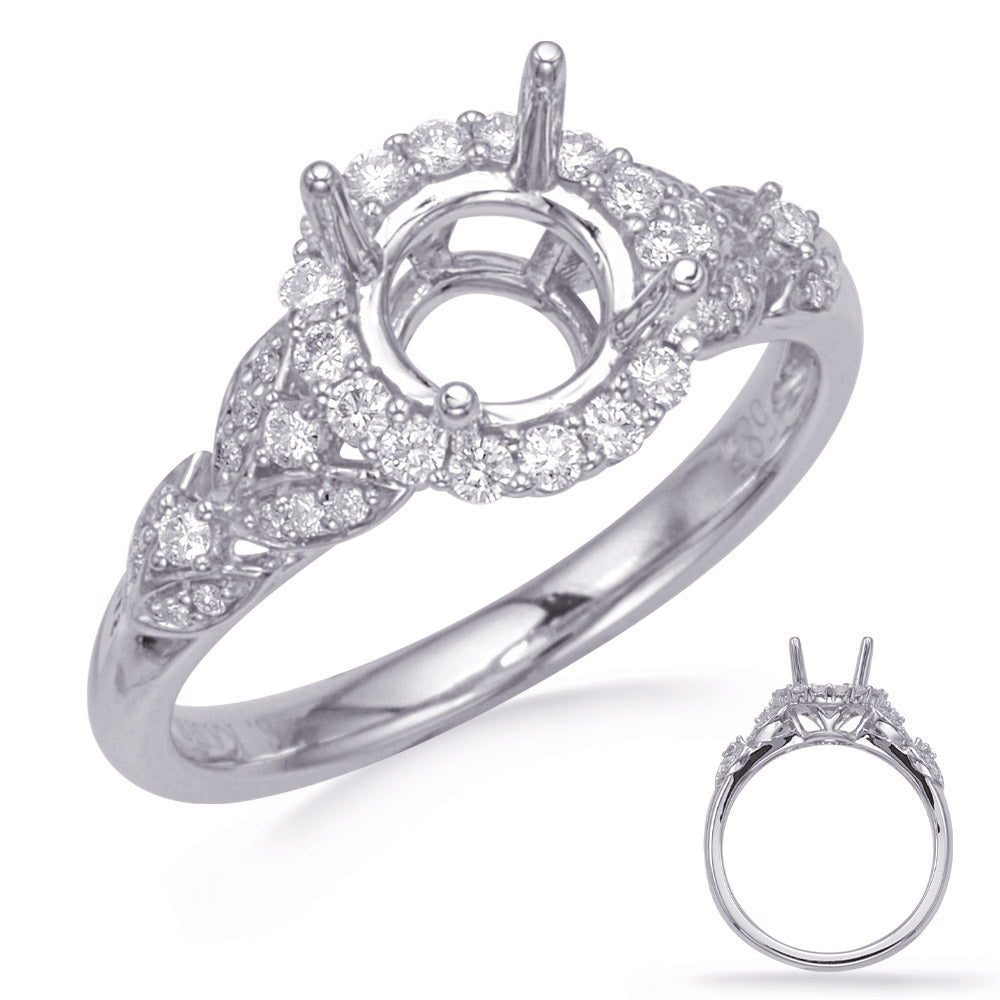 This Engagement Ring  is available in 14K White Gold. There are a total of 38 stones. There are Rounds with a total carat weight of 0.27 set in a Micro Prong|Prong Set|Shared Prongs setting.