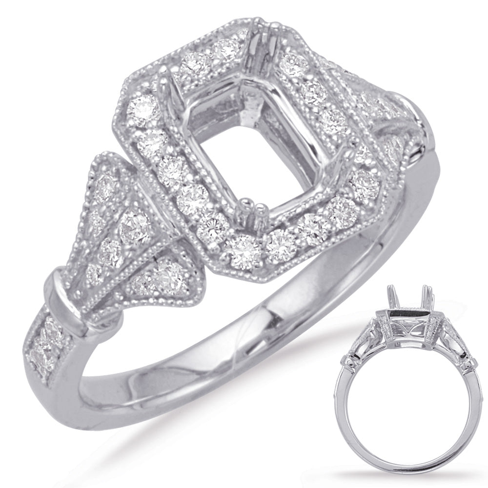 This Engagement Ring  is available in 14K White Gold. There are a total of 48 stones. There are Rounds with a total carat weight of 0.45 set in a Micro Prong|Shared Prongs setting.