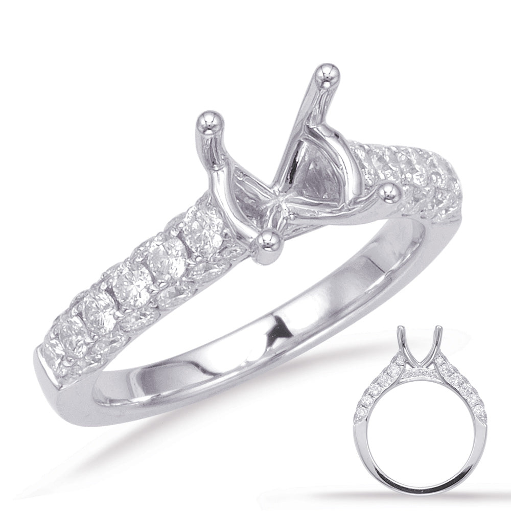 This Engagement Ring  is available in 14K White Gold. There are a total of 48 stones. There are Rounds with a total carat weight of 1.08 set in a Micro Prong|Prong Set setting.
