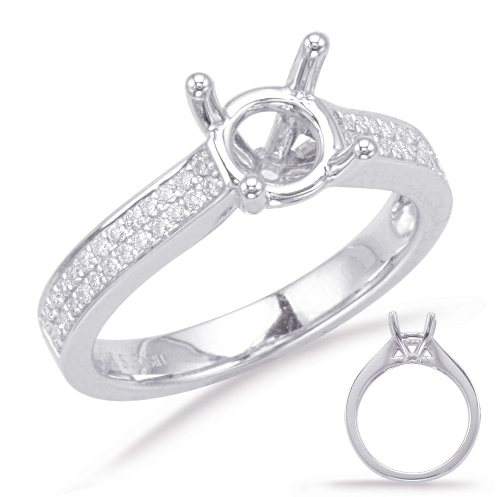 This Engagement Ring  is available in 14K White Gold. There are a total of 52 stones. There are Rounds with a total carat weight of 0.25 set in a Micro Prong setting.
