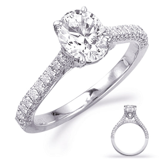 This Engagement Ring  is available in 14K White Gold. There are a total of 132 stones. There are Rounds with a total carat weight of 0.58 set in a Micro Prong setting.