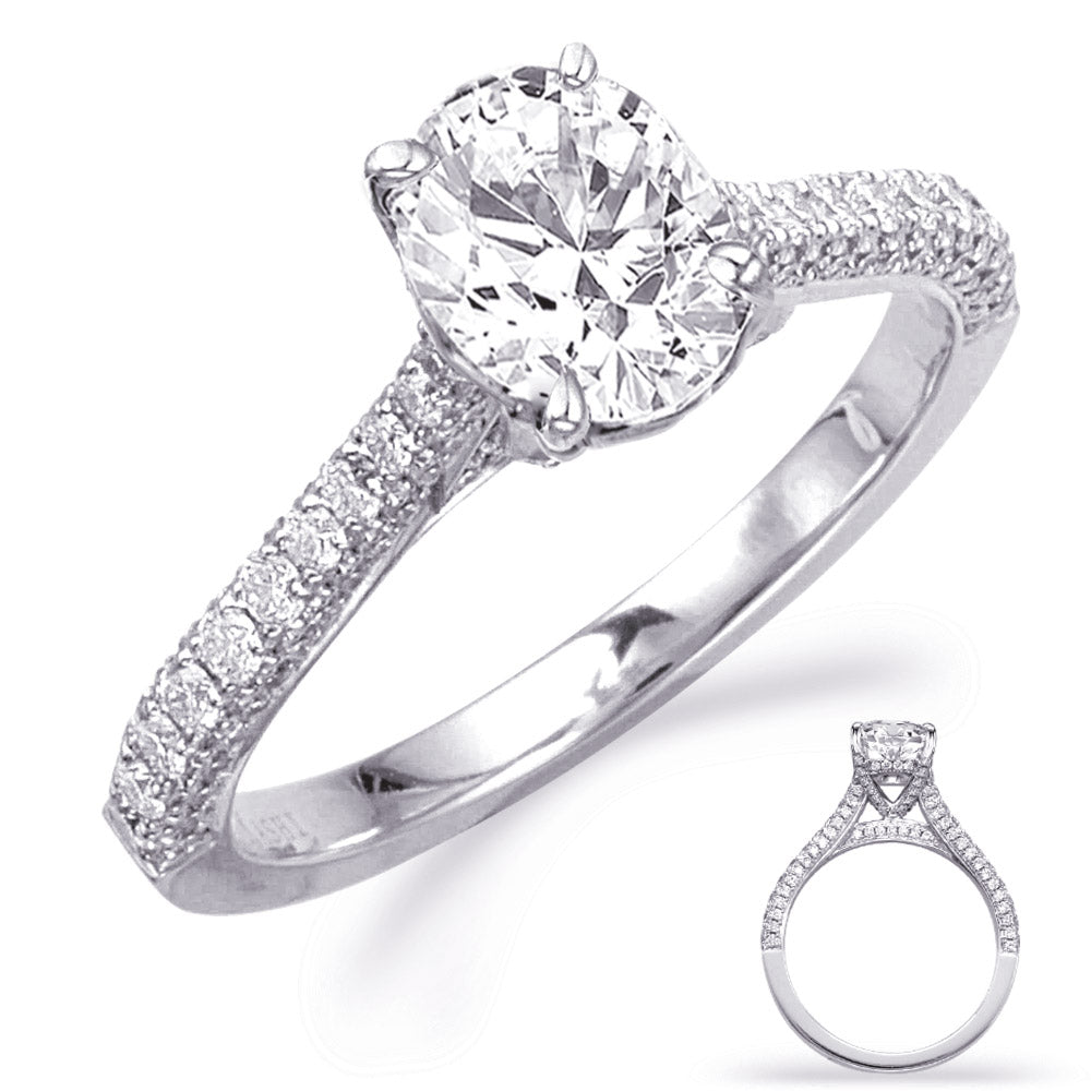 This Engagement Ring  is available in 14K White Gold. There are a total of 132 stones. There are Rounds with a total carat weight of 0.58 set in a Micro Prong setting.