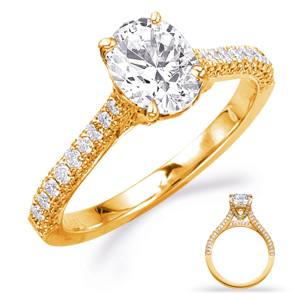 This Engagement Ring  is available in 14K Yellow Gold. There are a total of 132 stones. There are Rounds with a total carat weight of 0.58 set in a Micro Prong setting.