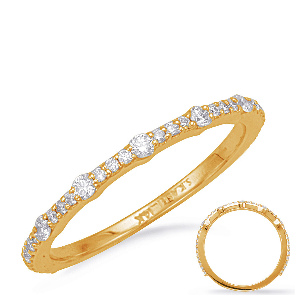 This Band is available in 14K Yellow Gold. There are a total of 37 stones. There are Round with a total carat weight of 0.27 set in a Micro Prong|Shared Prongs setting.