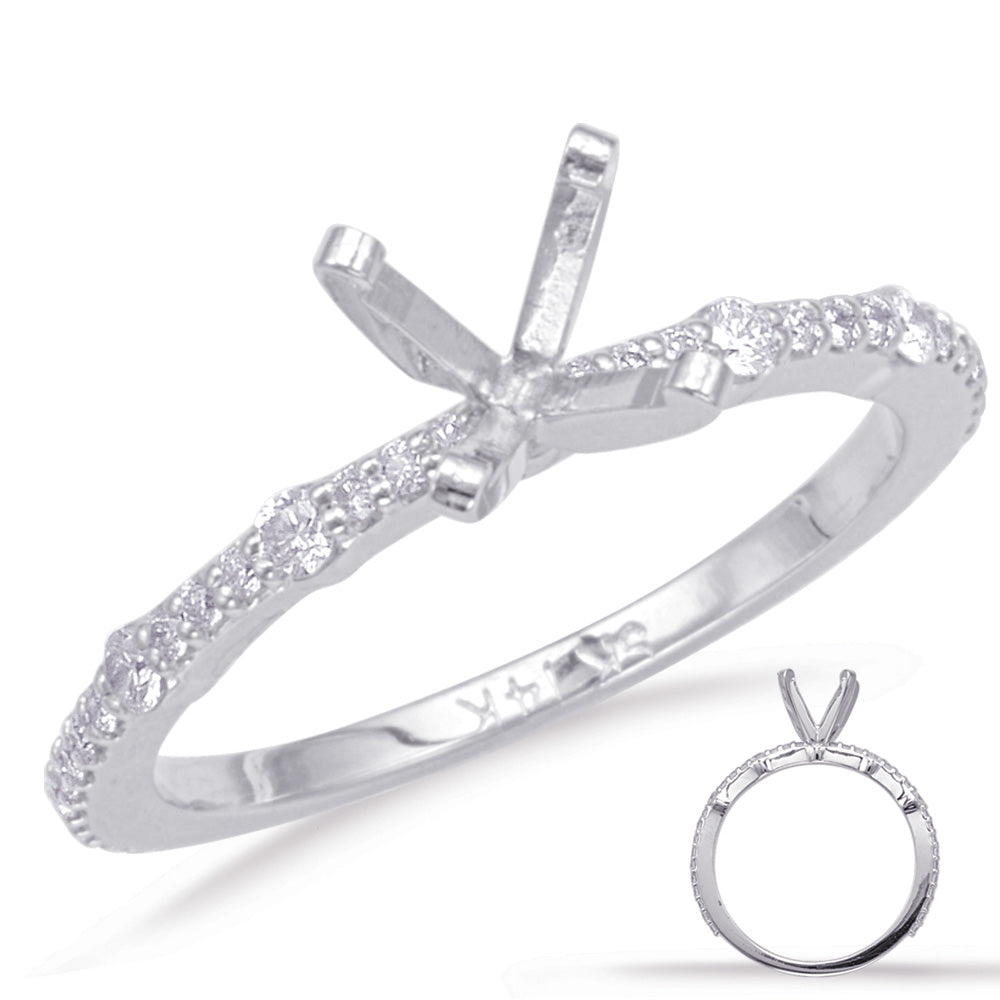 This Engagement Ring  is available in 14K White Gold. There are a total of 36 stones. There are Rounds with a total carat weight of 0.25 set in a Micro Prong|Shared Prongs setting.