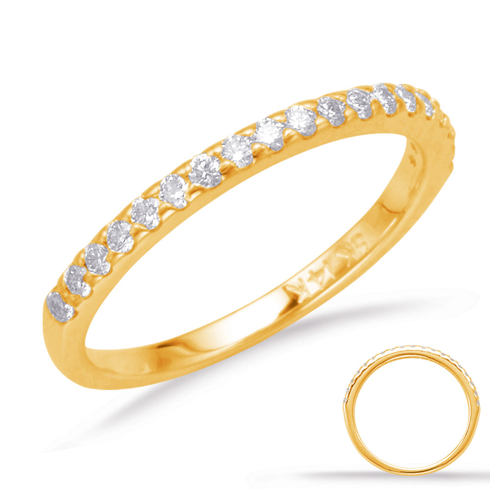 This Band is available in 14K Yellow Gold. There are a total of 19 stones. There are Round with a total carat weight of 0.31 set in a Micro Prong|Shared Prongs setting.