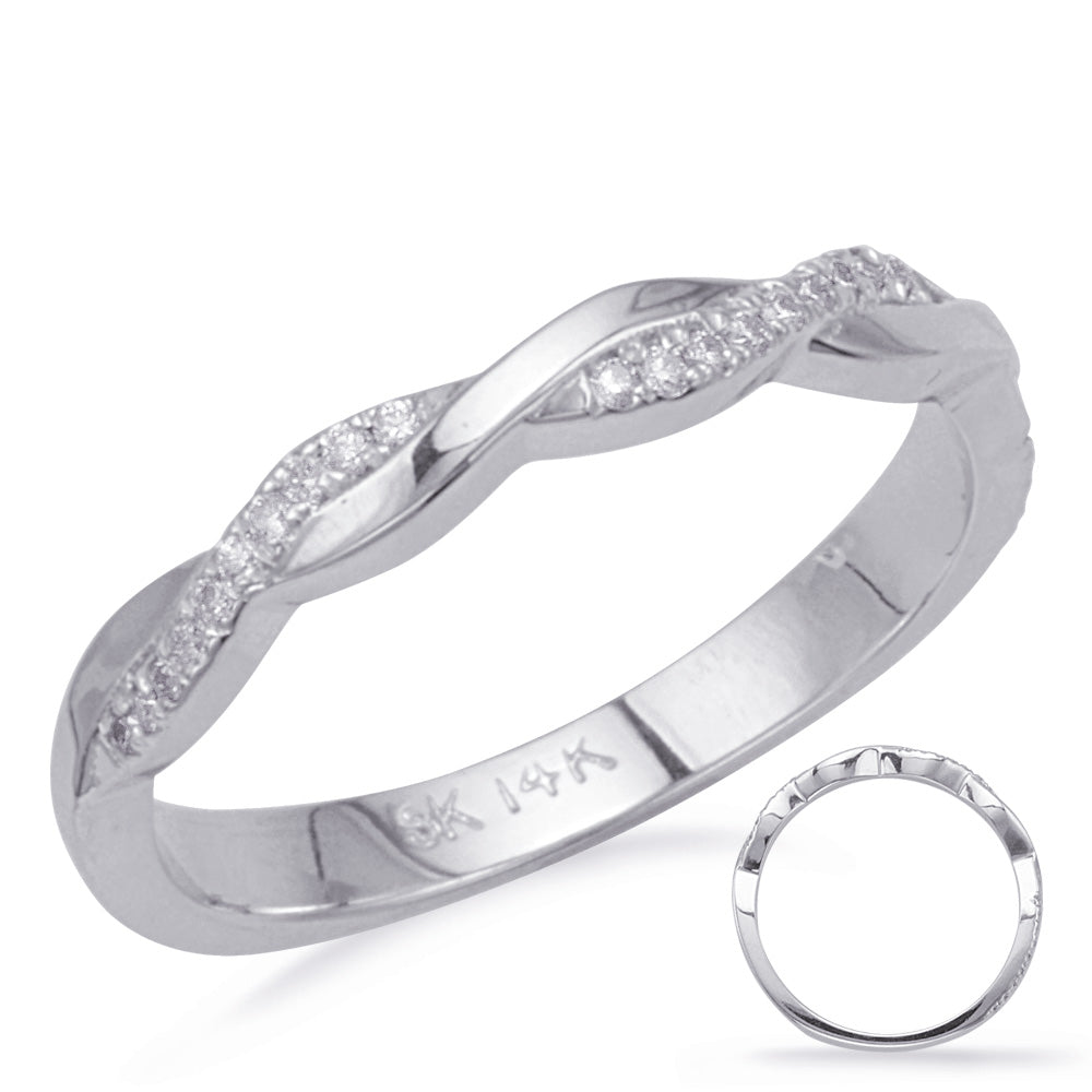 This Band is available in 14K White Gold. There are a total of 38 stones. There are Round with a total carat weight of 0.15 set in a Micro Prong setting.
