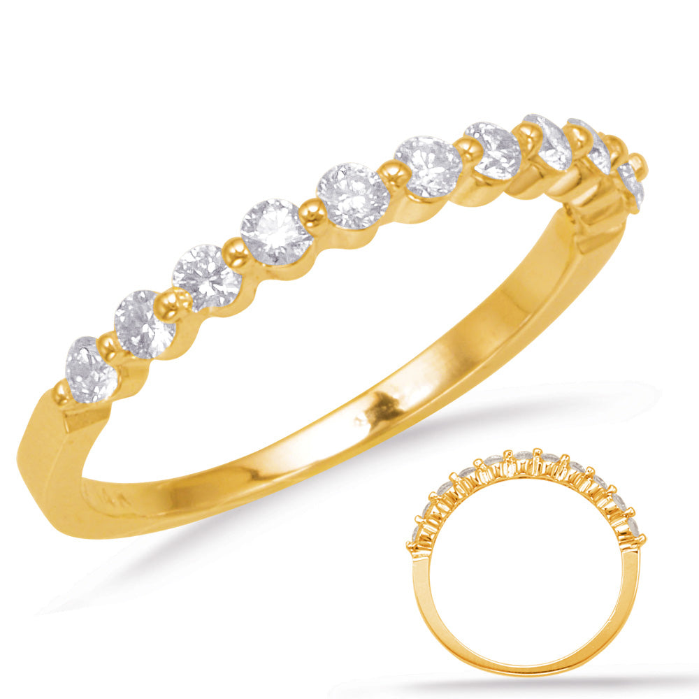 This Band is available in 14K Yellow Gold. There are a total of 11 stones. There are Round with a total carat weight of 0.43 set in a Prong Set|Shared Prongs setting.