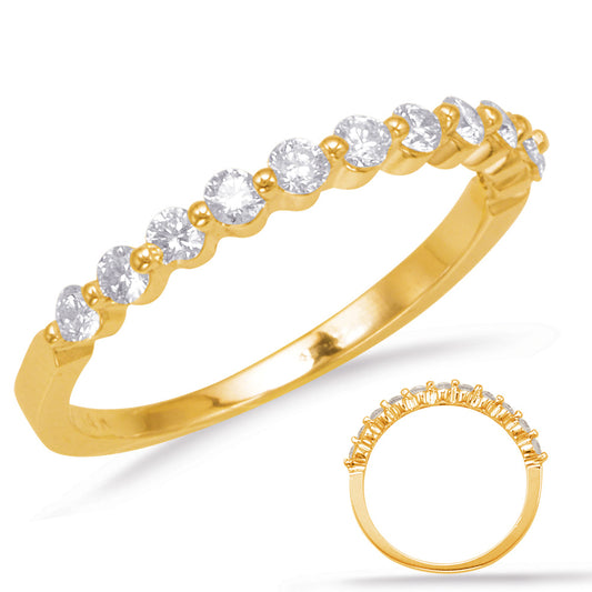 This Band is available in 14K Yellow Gold. There are a total of 11 stones. There are Round with a total carat weight of 0.43 set in a Prong Set|Shared Prongs setting.