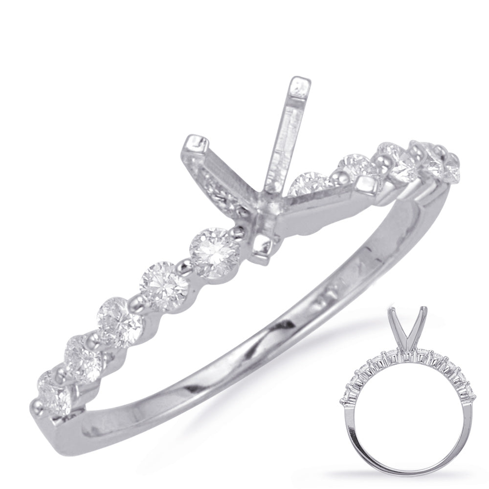 This Engagement Ring  is available in 14K White Gold. There are a total of 10 stones. There are Rounds with a total carat weight of 0.39 set in a Prong Set|Shared Prongs setting.
