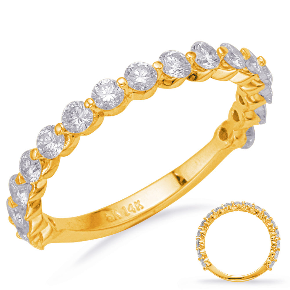 This Band is available in 14K Yellow Gold. There are a total of 17 stones. There are Round with a total carat weight of 0.84 set in a Prong Set|Shared Prongs setting.