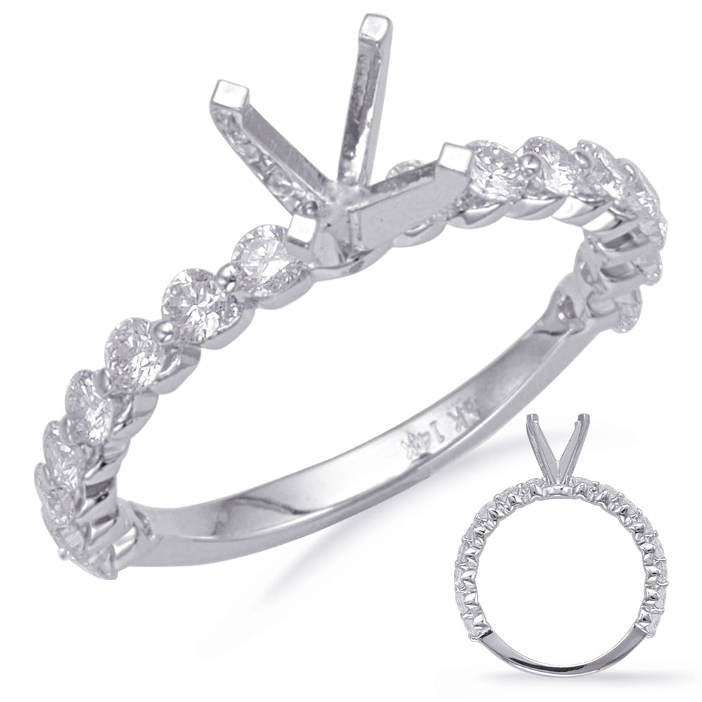 This Engagement Ring  is available in 14K White Gold. There are a total of 16 stones. There are Rounds with a total carat weight of 0.79 set in a Prong Set|Shared Prongs setting.