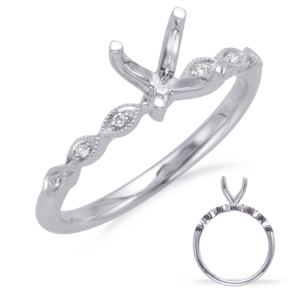 This Engagement Ring  is available in 14K White Gold. There are a total of 6 stones. There are Rounds with a total carat weight of 0.03 set in a Micro Prong setting.