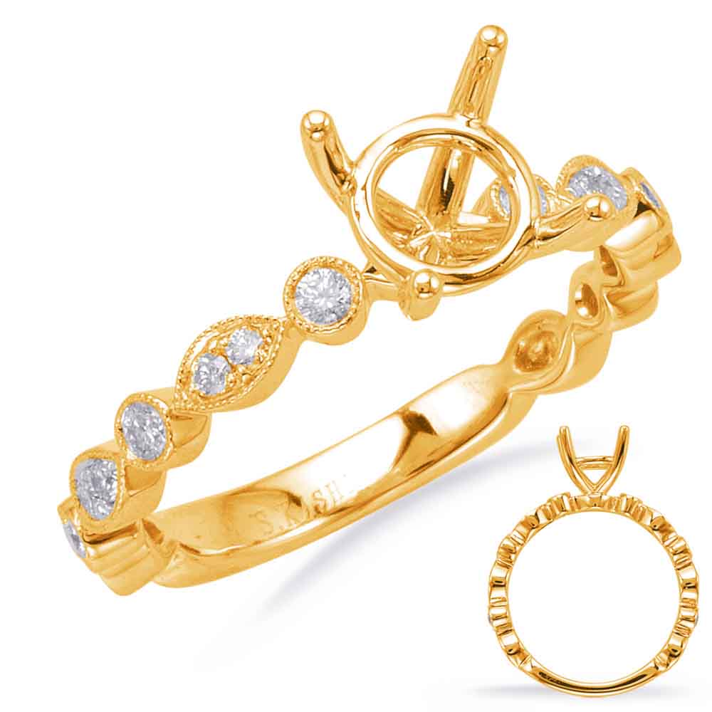 This Engagement Ring  is available in 14K Yellow Gold. There are a total of 18 stones. There are Rounds with a total carat weight of 0.27 set in a Bezel Set|Micro Prong setting.