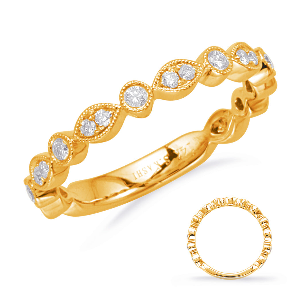 This Band is available in 14K Yellow Gold. There are a total of 20 stones. There are Round with a total carat weight of 0.28 set in a Bezel Set|Micro Prong setting.