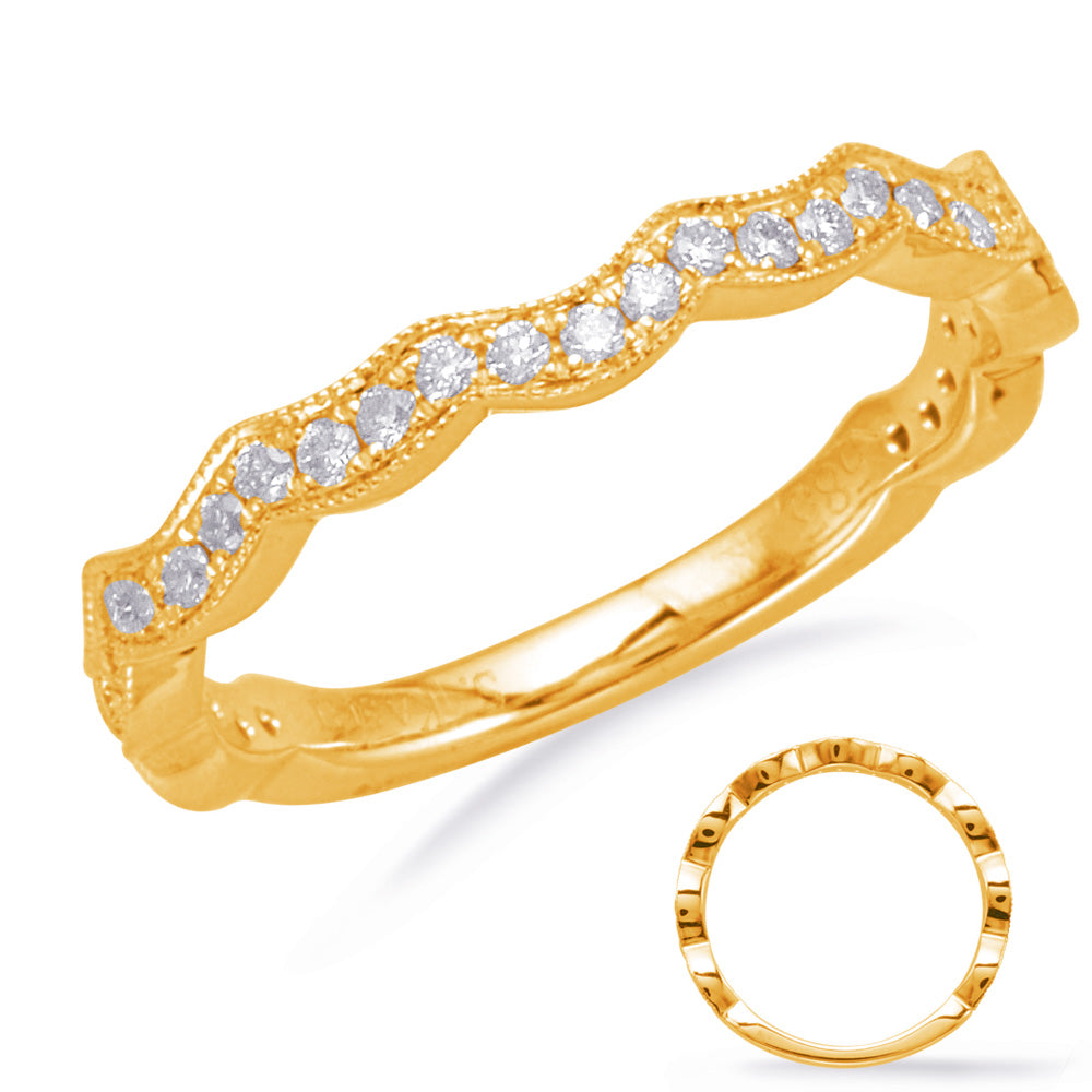 This Band is available in 14K Yellow Gold. There are a total of 33 stones. There are Round with a total carat weight of 0.28 set in a Micro Prong setting.
