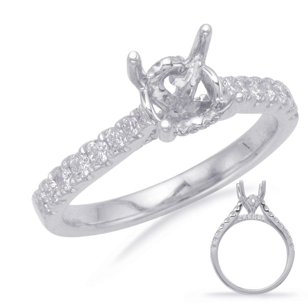 This Engagement Ring  is available in 14K White Gold. There are a total of 56 stones. There are Rounds with a total carat weight of 0.51 set in a Micro Prong|Prong Set setting.