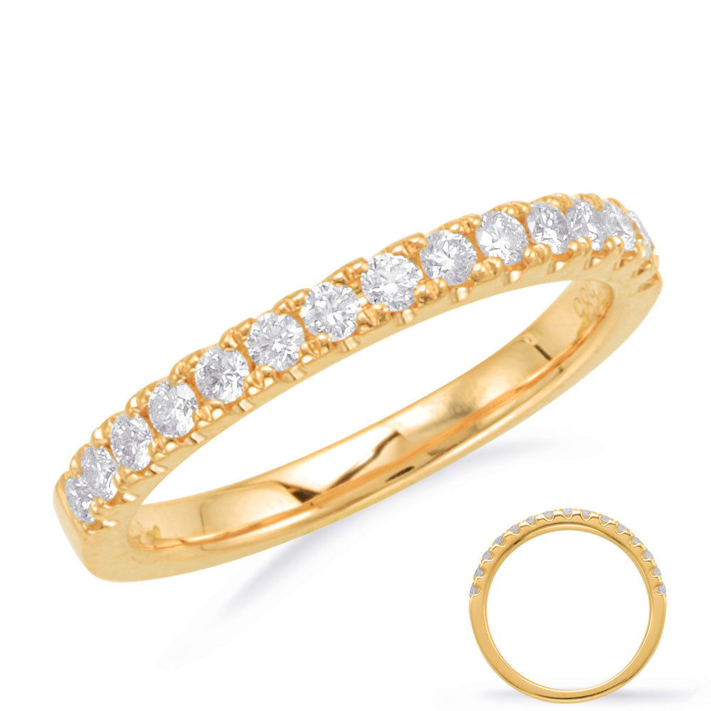This Band is available in 14K Yellow Gold. There are a total of 15 stones. There are Round with a total carat weight of 0.33 set in a Prong Set setting.