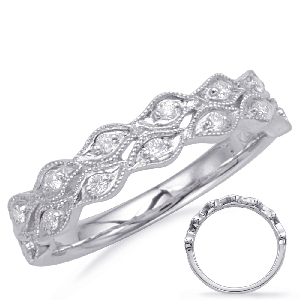 This Band is available in 14K White Gold. There are a total of 13 stones. There are Round with a total carat weight of 0.13 set in a Micro Prong setting.