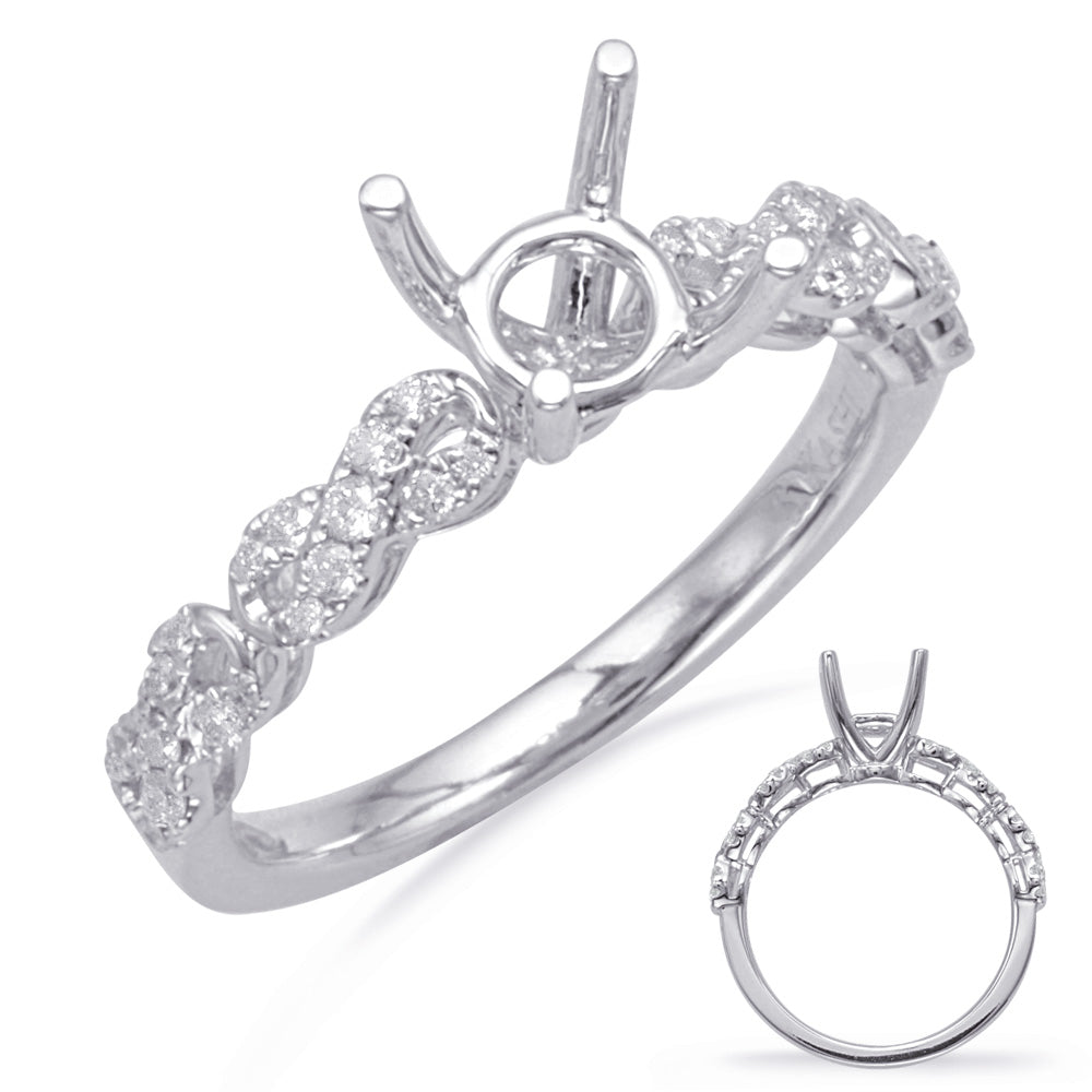 This Engagement Ring  is available in 14K White Gold. There are a total of 36 stones. There are Rounds with a total carat weight of 0.2 set in a Micro Prong setting.