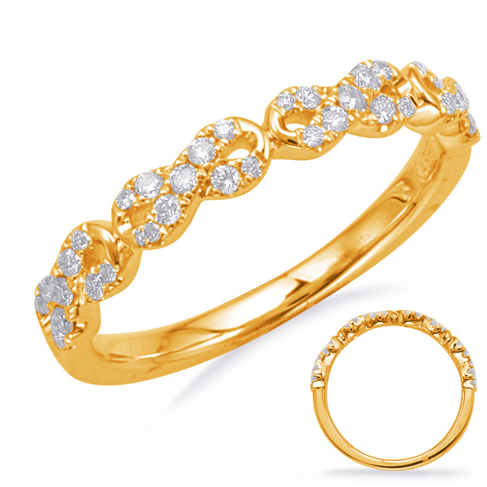 This Band is available in 14K Yellow Gold. There are a total of 36 stones. There are Round with a total carat weight of 0.2 set in a Micro Prong setting.