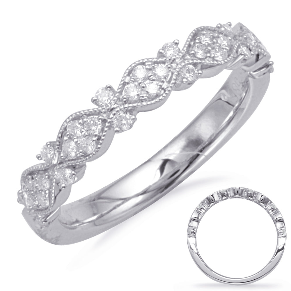 This Band is available in 14K White Gold. There are a total of 32 stones. There are Round with a total carat weight of 0.26 set in a Micro Prong setting.