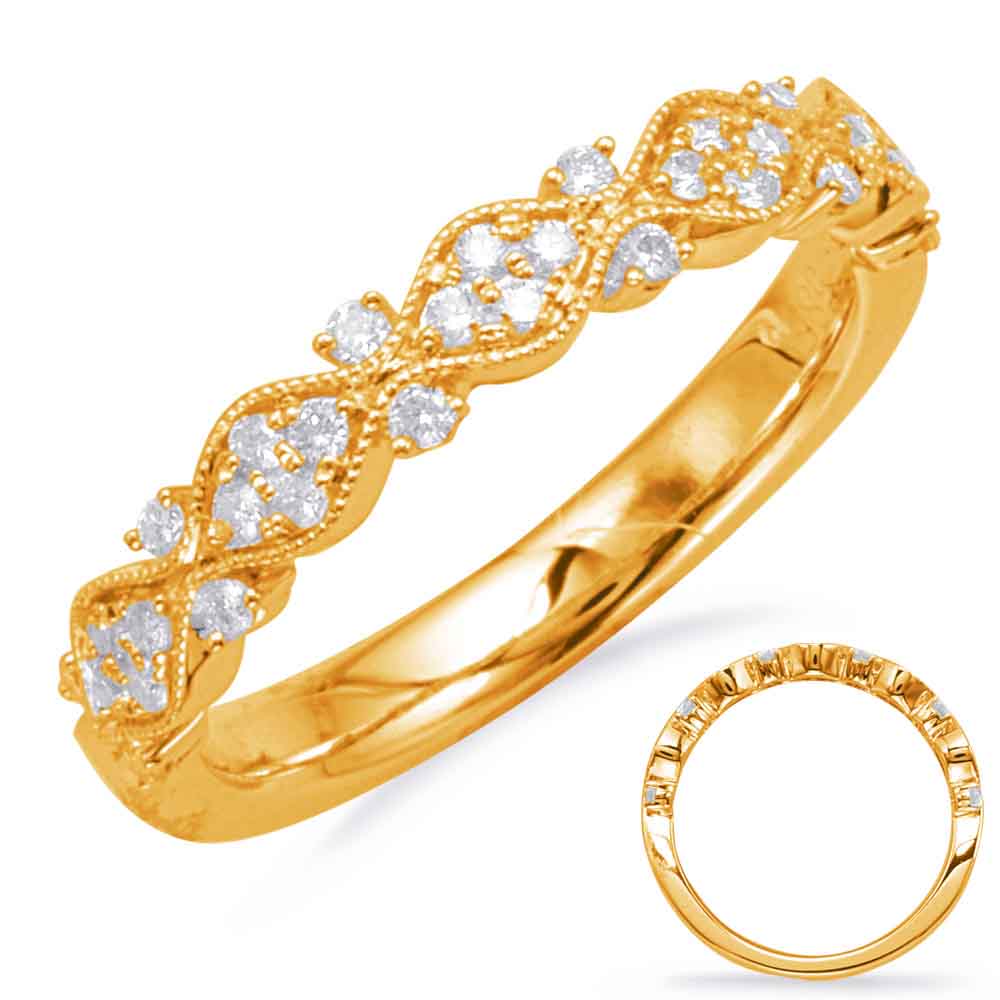 This Band is available in 14K Yellow Gold. There are a total of 32 stones. There are Round with a total carat weight of 0.26 set in a Micro Prong setting.