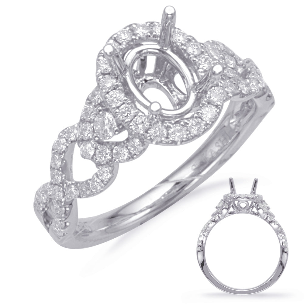 This Engagement Ring  is available in 14K White Gold. There are a total of 64 stones. There are Rounds with a total carat weight of 0.53 set in a Micro Prong|Prong Set setting.