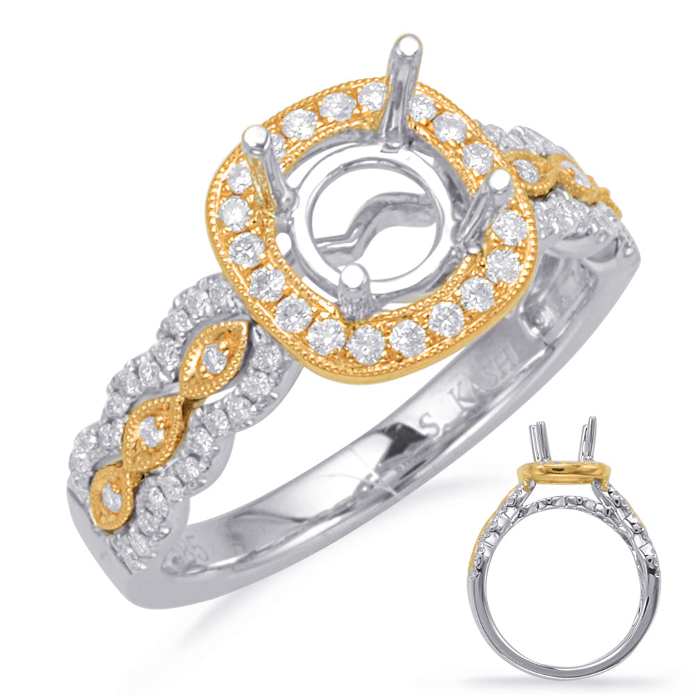 This Engagement Ring  is available in 14K Yellow & White Gold. There are a total of 70 stones. There are Rounds with a total carat weight of 0.3 set in a Micro Prong setting.