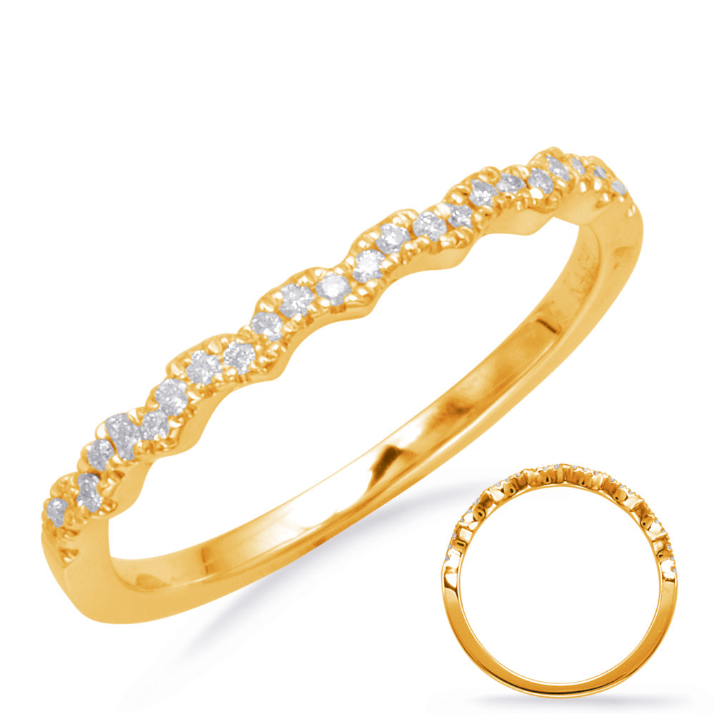 This Band is available in 14K Yellow Gold. There are a total of 26 stones. There are Round with a total carat weight of 0.11 set in a Micro Prong setting.