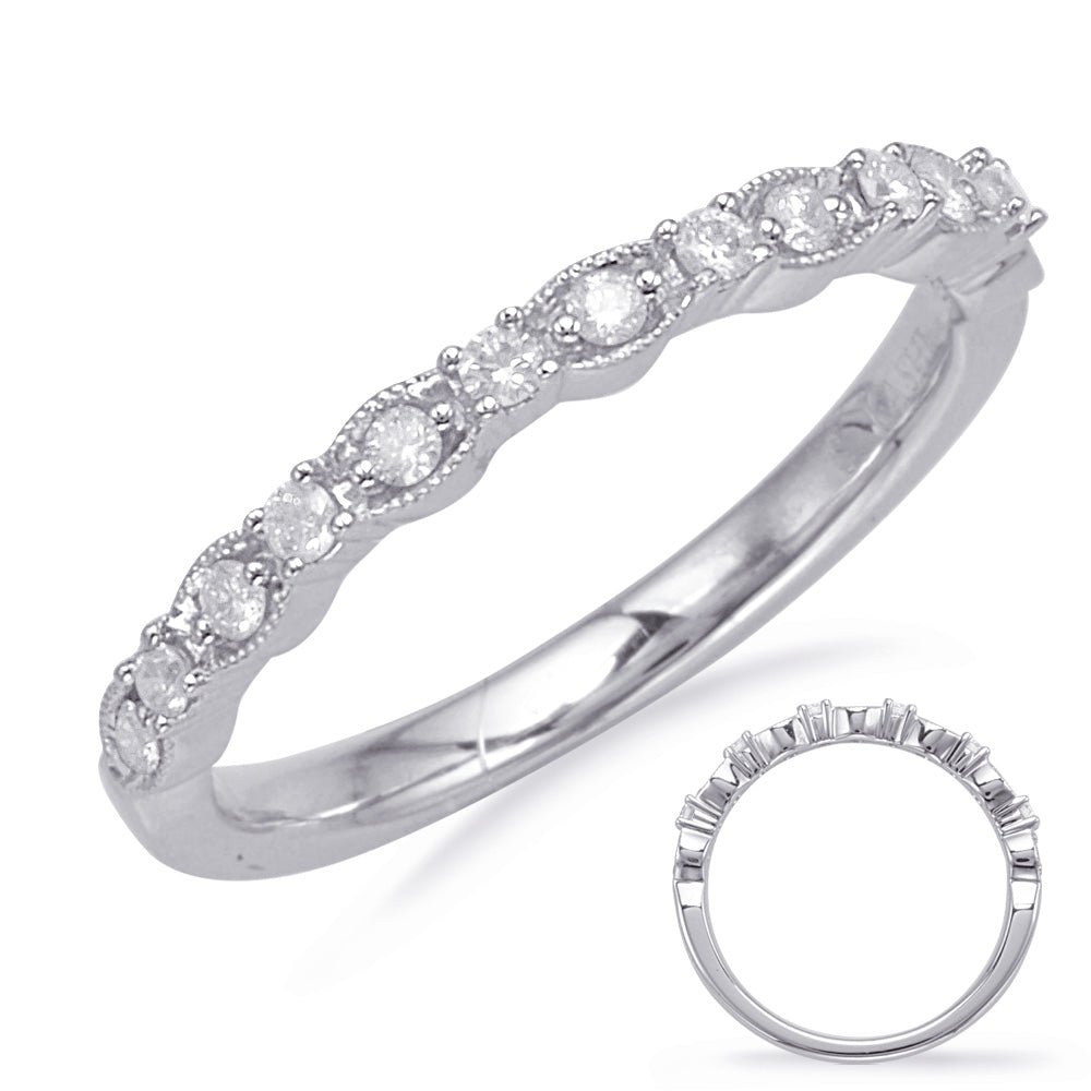 This Band is available in 14K White Gold. There are a total of 13 stones. There are Round with a total carat weight of 0.18 set in a Micro Prong|Prong Set setting.