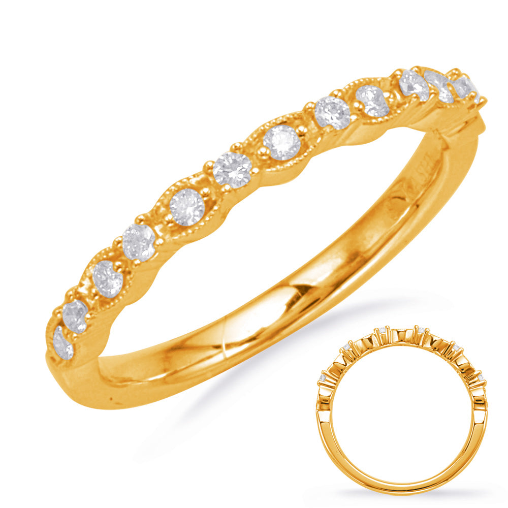 This Band is available in 14K Yellow Gold. There are a total of 13 stones. There are Round with a total carat weight of 0.18 set in a Micro Prong|Prong Set setting.