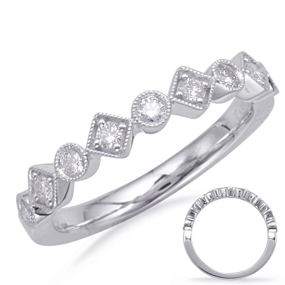 This Band is available in 14K White Gold. There are a total of 9 stones. There are Round with a total carat weight of 0.25 set in a Bezel Set|Micro Prong setting.