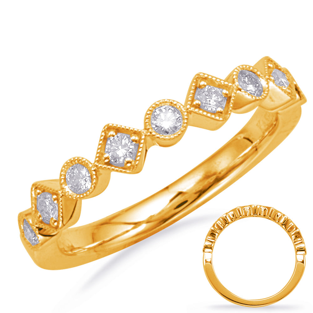 This Band is available in 14K Yellow Gold. There are a total of 9 stones. There are Round with a total carat weight of 0.25 set in a Bezel Set|Micro Prong setting.