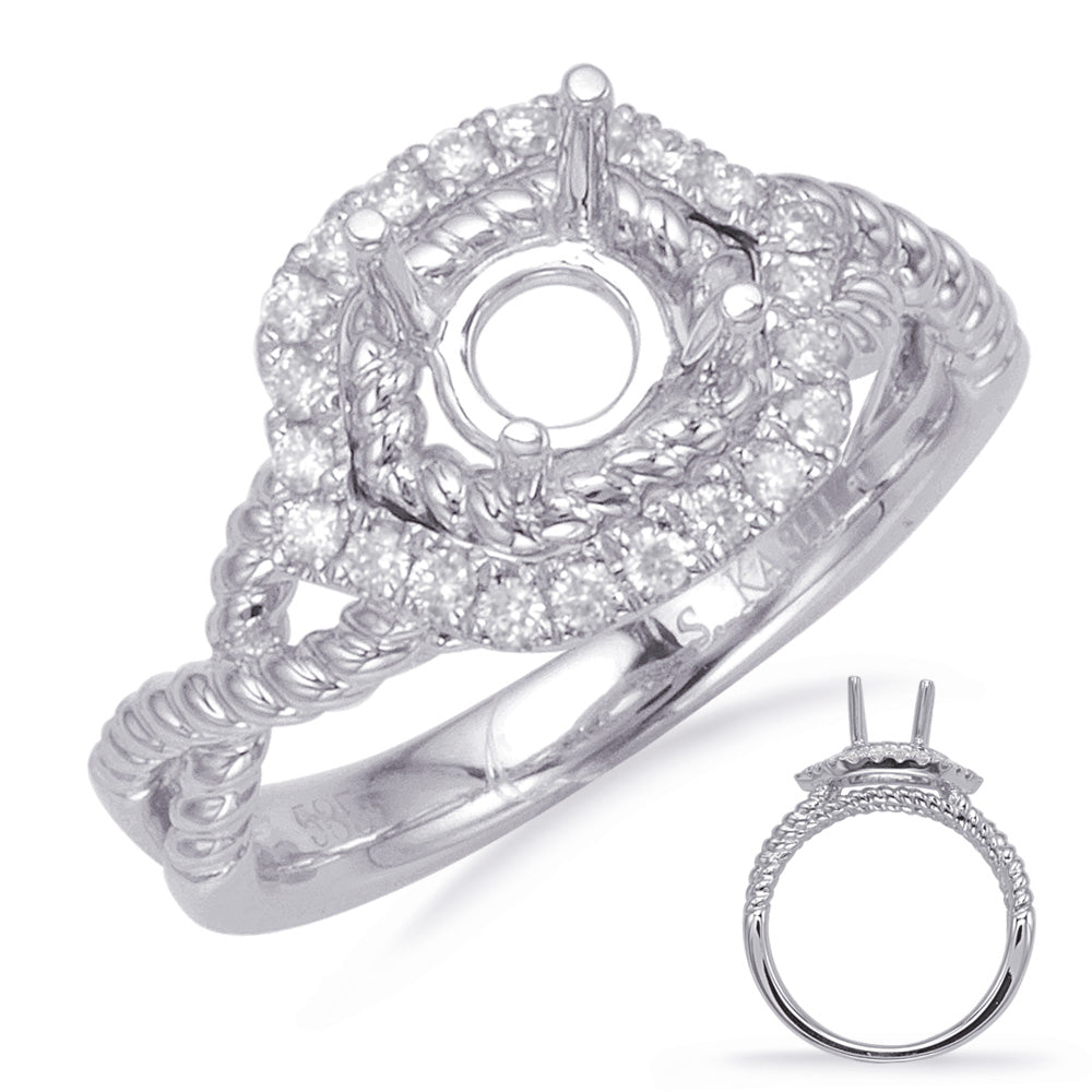 This Engagement Ring  is available in 14K White Gold. There are a total of 22 stones. There are Rounds with a total carat weight of 0.19 set in a Micro Pave setting.