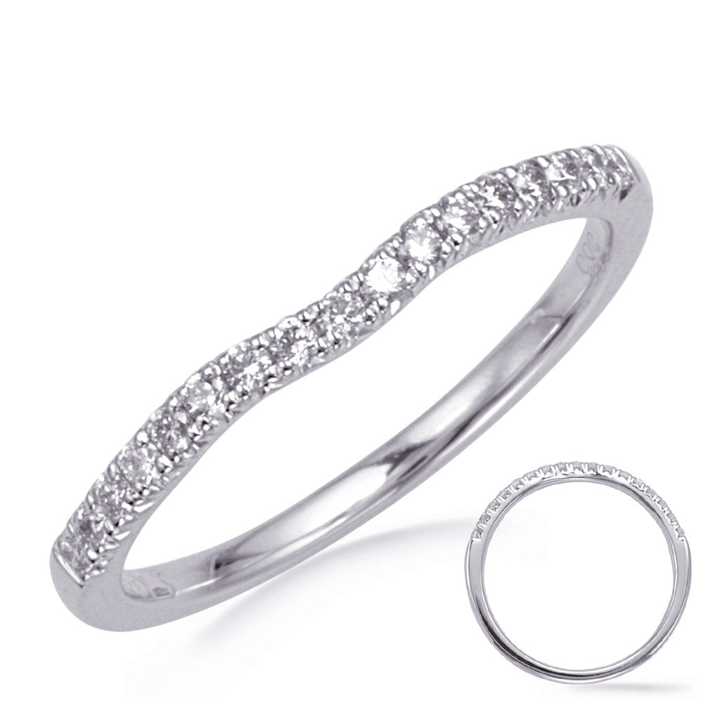This Band is available in 14K White Gold. There are a total of 17 stones. There are Round with a total carat weight of 0.18 set in a Micro Prong setting.