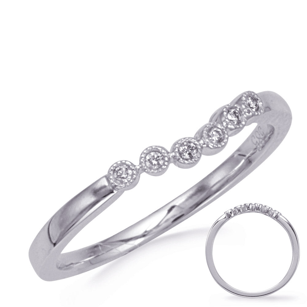 This Band is available in 14K White Gold. There are a total of 8 stones. There are Round with a total carat weight of 0.07 set in a Bezel Set setting.