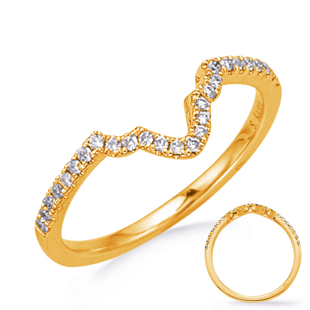 This Band is available in 14K Yellow Gold. There are a total of 27 stones. There are Round with a total carat weight of 0.15 set in a Prong Set|Shared Prongs setting.