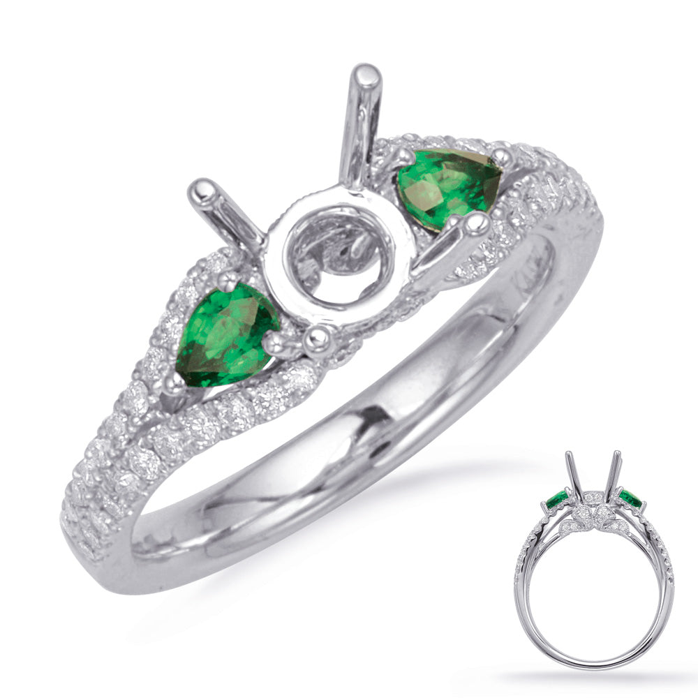 This Engagement Ring  is available in 14K White Gold. There are a total of 66 stones. There are Emerald with a total carat weight of 0.32 set in a Micro Prong|Prong Set setting.There are Rounds stones with a total carat weight of 0.37 set in a Micro Prong|Prong Set.