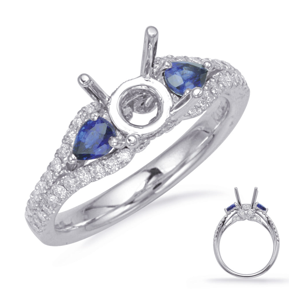 This Engagement Ring  is available in 14K White Gold. There are a total of 66 stones. There are Rounds with a total carat weight of 0.37 set in a Micro Prong|Prong Set setting.There are Sapphire stones with a total carat weight of 0.44 set in a Micro Prong|Prong Set.
