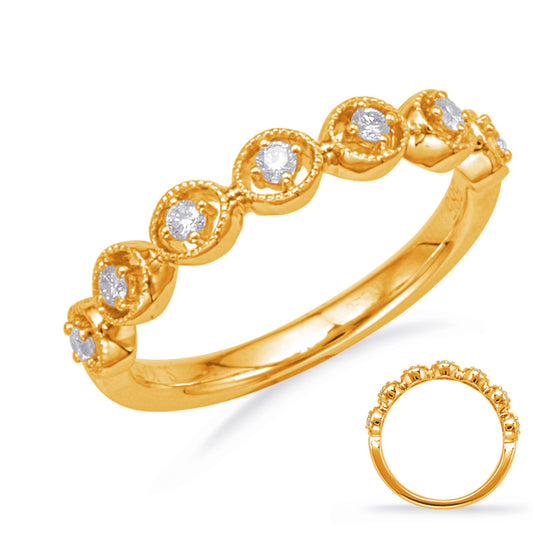 This Band is available in 14K Yellow Gold. There are a total of 7 stones. There are Round with a total carat weight of 0.14 set in a Prong Set setting.