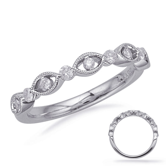 This Band is available in 14K White Gold. There are a total of 9 stones. There are Round with a total carat weight of 0.21 set in a Prong Set setting.
