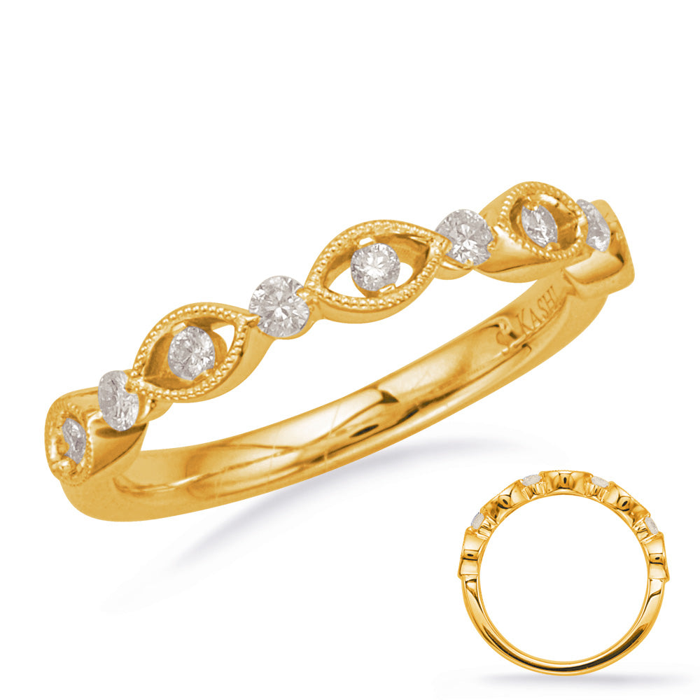 This Band is available in 14K Yellow Gold. There are a total of 9 stones. There are Round with a total carat weight of 0.21 set in a Prong Set setting.