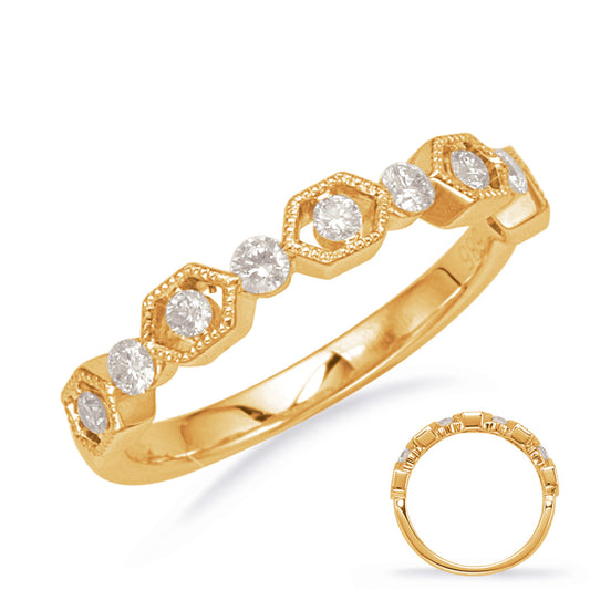 This Band is available in 14K Yellow Gold. There are a total of 9 stones. There are Round with a total carat weight of 0.29 set in a Prong Set setting.